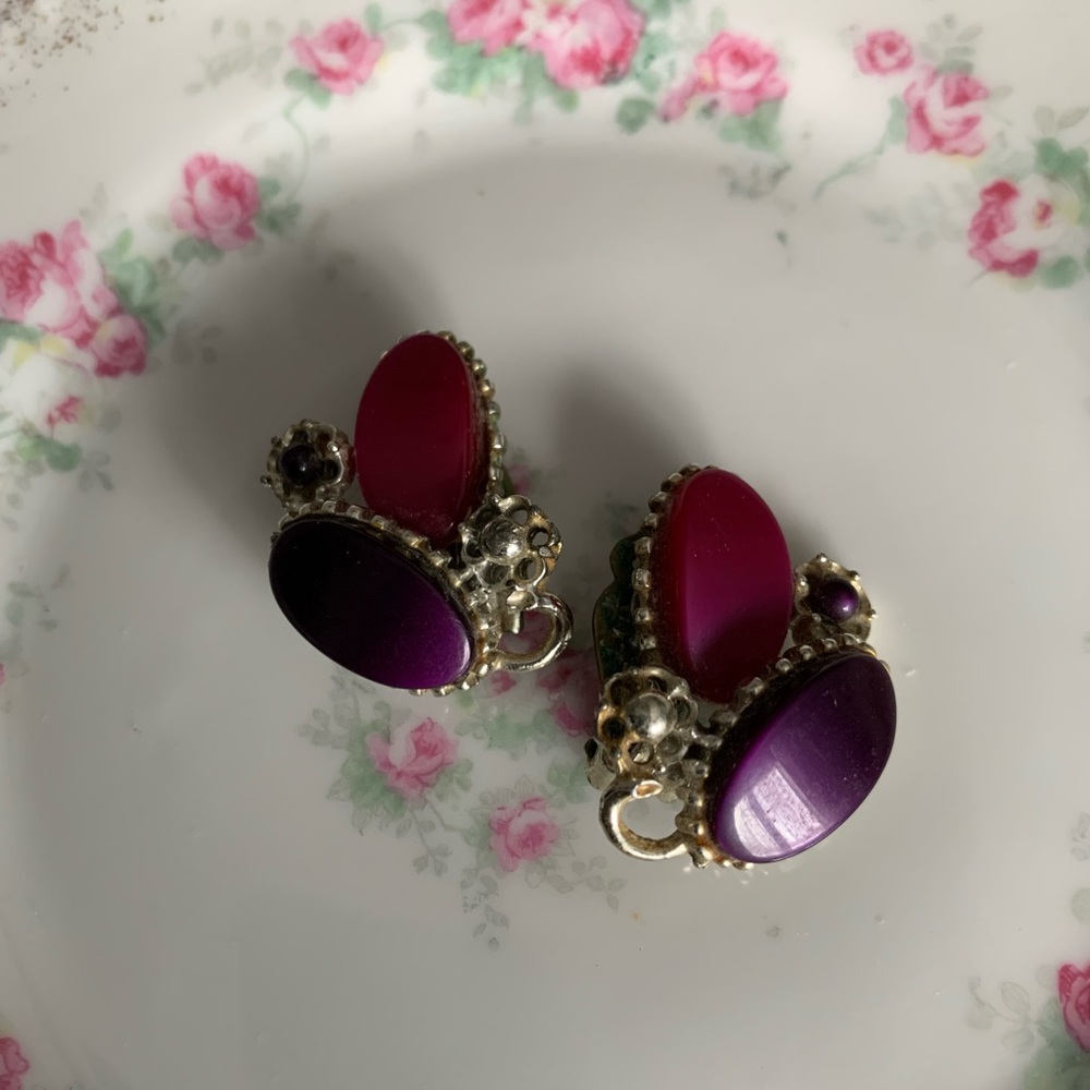 Vintage Pakula Purple Rose Silver Clip Earrings